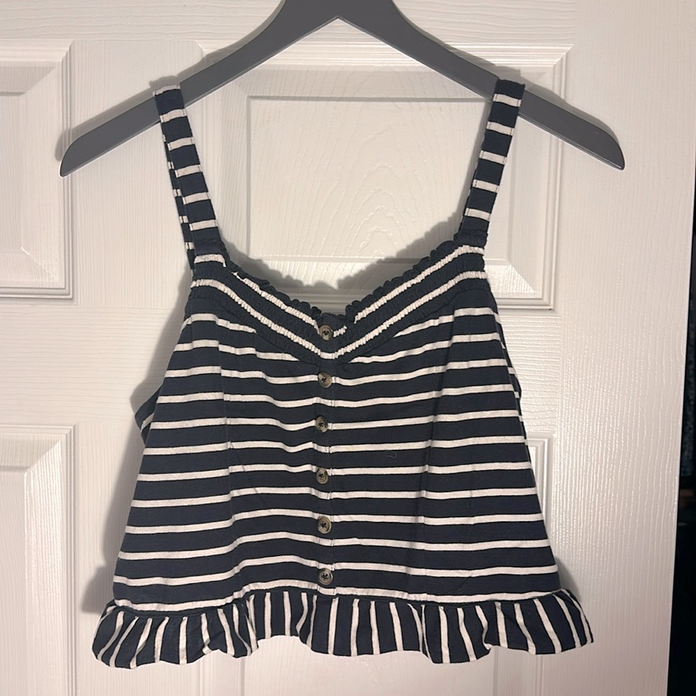 American Eagle Navy and White Stripe Crop Top with Button Accents